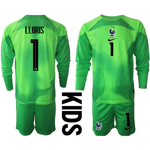 Fotballdrakt Barn Frankrike Hugo Lloris #1 Keeper Bortedraktsett VM 2022 Langermet (+ Korte bukser)